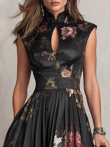 ¡RENUEVA TU ARMARIO YA!Vestido Largo Negro para Mujer, Sin Mangas, Estampado Digital de Flores, con Flores 3D, Ajustado, Estilo Elegante y Sexy, Más Vendido, Perfecto para Fiestas, Cenas, - Negro - Ver 2