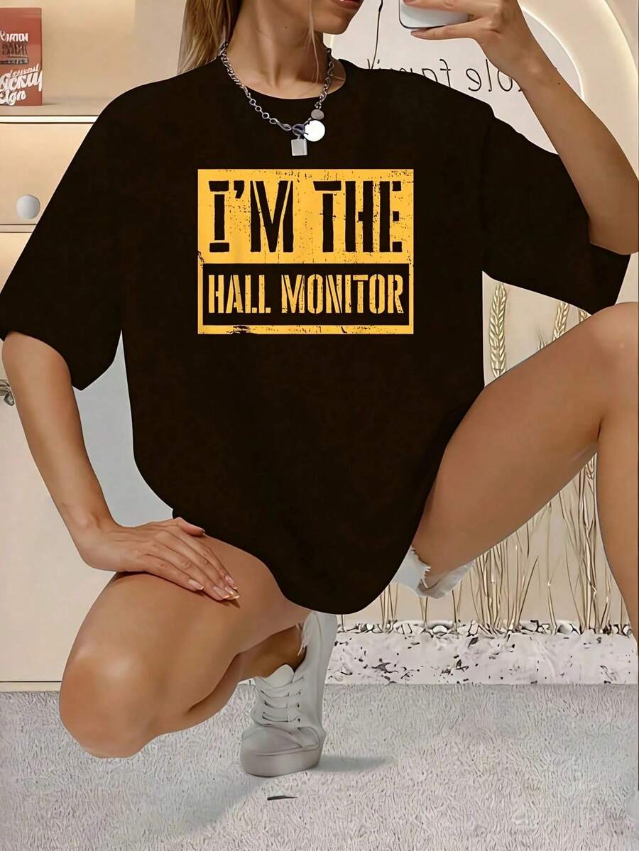 I'M THE Hall Monitor 1 Piece Women's Plus Size T-Shirt, Oversized Graphic Short Sleeve T-Shirt 220g, Novelty, 100% Polyester, Casual Crew Neck T-Shirt - 黑色 - 查看 1