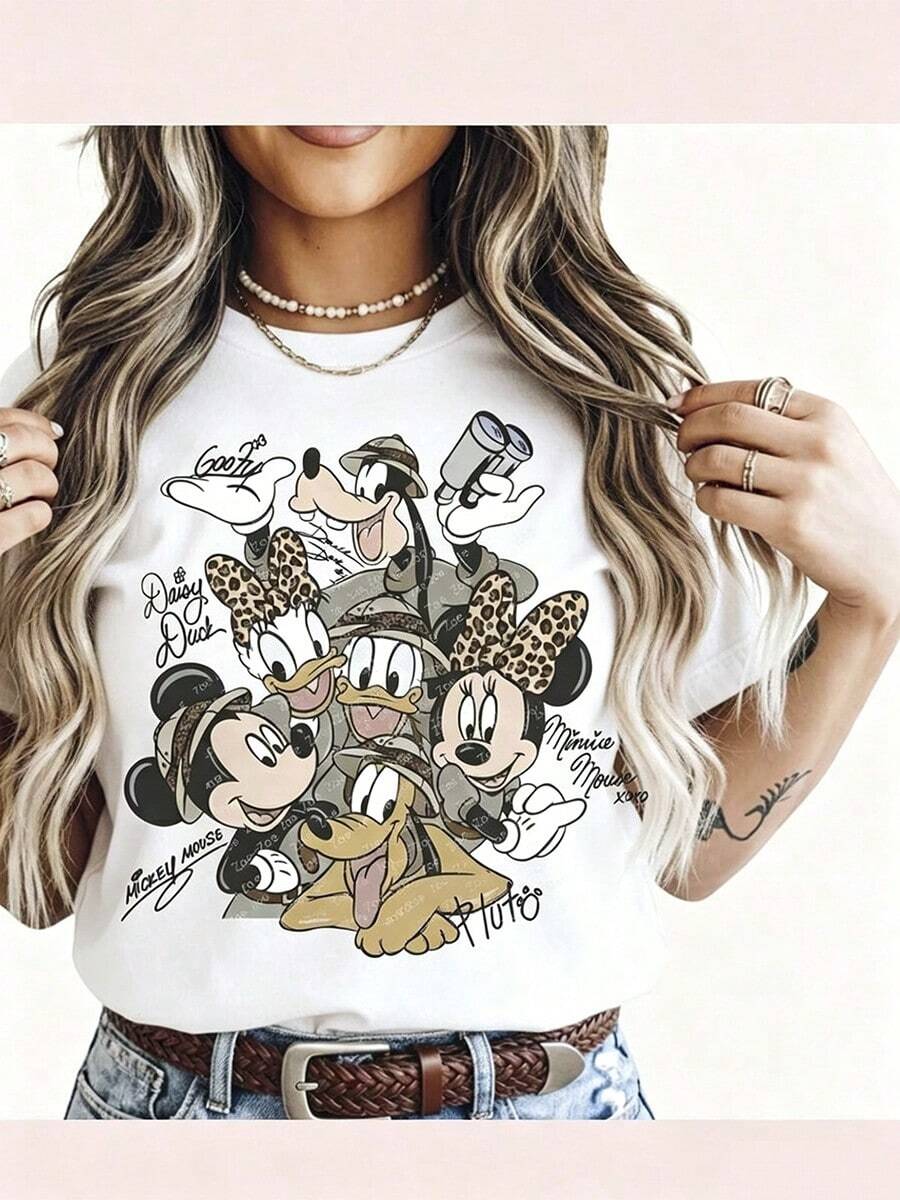 Disney Cartoon Family Punch-In Printed T-Shirts Suitable For Daily Wear Easy To Wear In Summer Micro-Elastic Soft Round Neck Casual Daily Shirts - 白色 - 查看 1