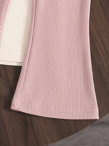 3pcs/Set Baby Girl Simple Ribbed Fabric Solid Pink & Apricot Colorblock Striped Versatile Flare Leggings Long Pants Fashionable Spring/Autumn Outdoor Casual Vacation Wear - Multicolor - View 6