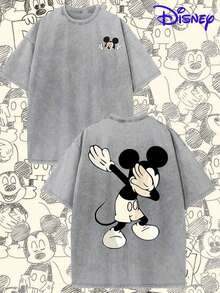 This Officially Licensed Disney Mickey Mouse And Back Print Washed T-Shirt Features A Stylish Cartoon Short-Sleeved Design. Made Of Soft And Breathable Pure Cotton, It's A Perfect Gift For Disney Fans. - 灰色 - 查看 1