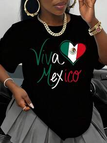 Women's White T-Shirt With Viva Mexico Heart Flag Design, Casual Loose Fit, For Celebrating Mexican Independence Day, Cinco De Mayo Party Outfit - 黑色 - 查看 1