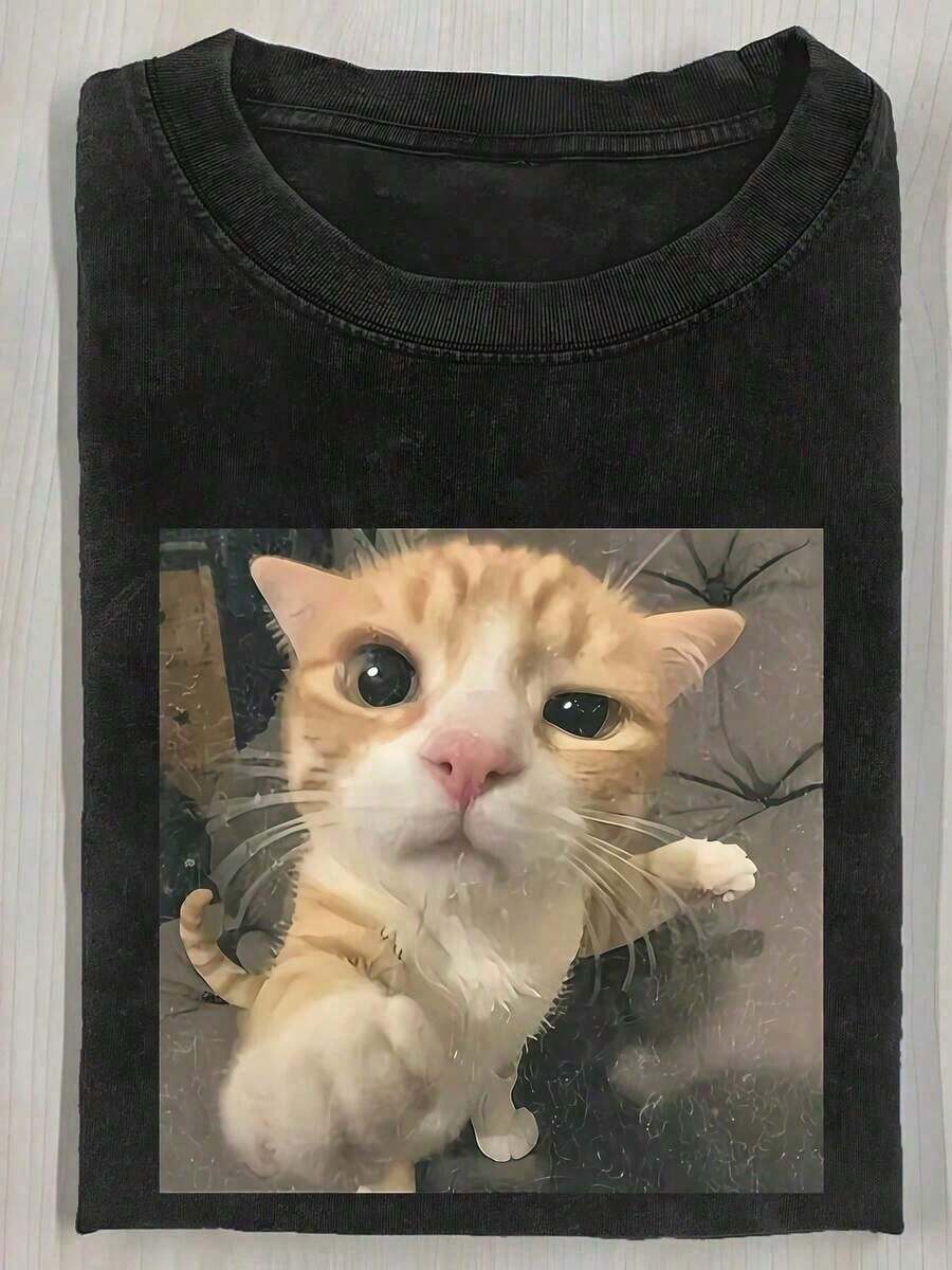 Men's And Women's 100% Cotton 1 Piece Of Funny Graphic T-Shirt With Cat Design, Men's Cotton T-Shirt, 230g, Washed Short Sleeve T-Shirt, Suitable For Halloween Gifts - 黑12 - 查看 1