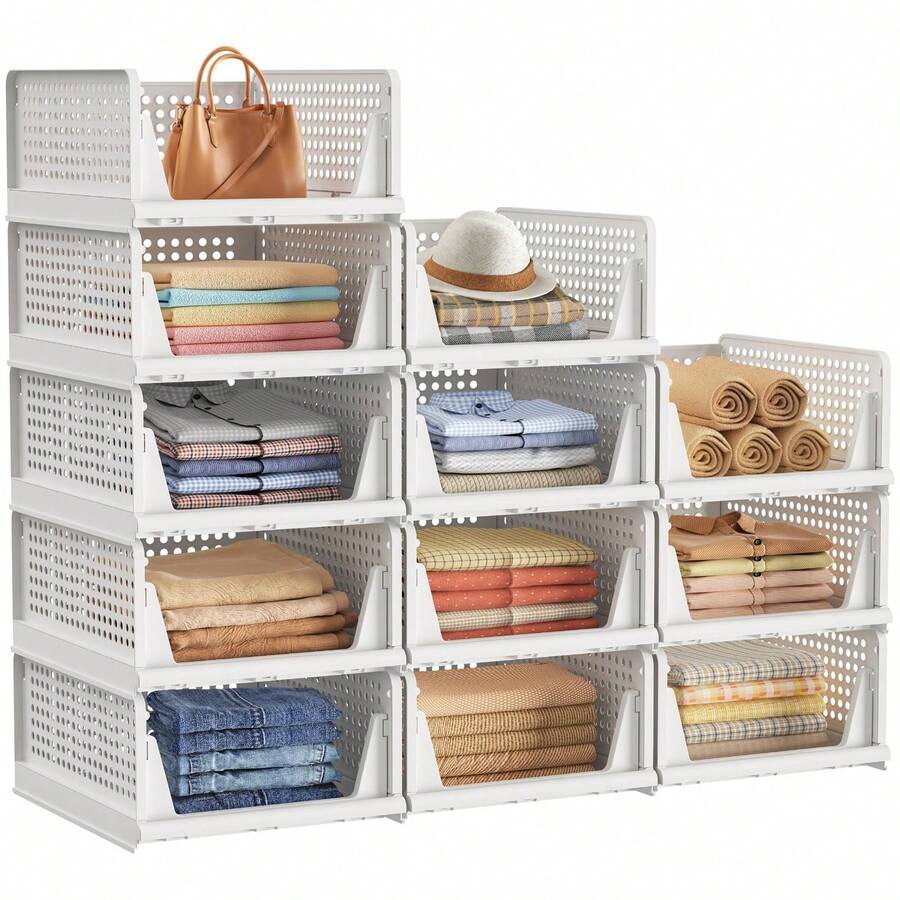 Stackable Plastic Storage Baskets, Foldable Organizer For Wardrobe, Bedroom & Bathroom - 12 Pcs - View 1