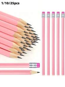 25/10/1pc HB Graphite Pencil Set With Eraser, 1 Pencil Sharpener - Suitable For School, Art, Office, Drawing, Sketching, Learning - Pink Wooden Pencils Back To School - Multicolor - View 1