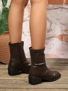 Women's Fashion Square Toe Autumn/Winter Brown Plus Size Slip-On Back Zipper Chunky Heel Comfortable Ankle Boots - Brown - View 3