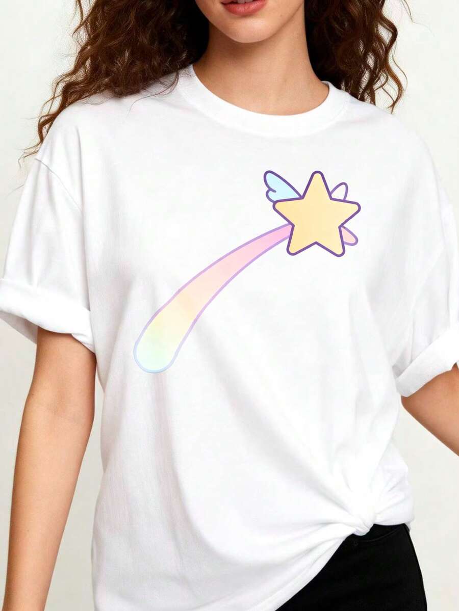 Camiseta de Cuello Redondo 100% para Mujer, Talla Grande, con Diseño de Estrella Mágica, Suave y de Ensueño, Ropa Casual de Verano, Regalo de Graduación - Blanco - Ver 1