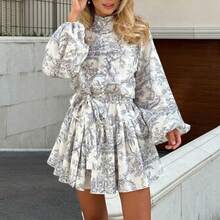 Vestido corto estampado nueva primavera para mujer, estilo elegante y moderno, con cintura ajustada y lazos - Gris - Ver 4