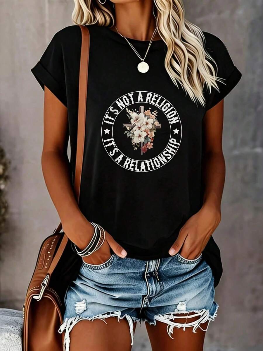 Jesús, no es una religión, es una relación, flores, cruz, camiseta de manga corta de talla grande para mujer, camiseta novedosa con cuello redondo, informal, divertida, con estampado gráfico - Negro - Ver 1