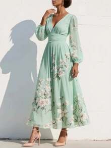 Elegant Women's Dress With Floral Pattern, Pleated Texture, And Flowing Cut - 綠色 - 查看 2