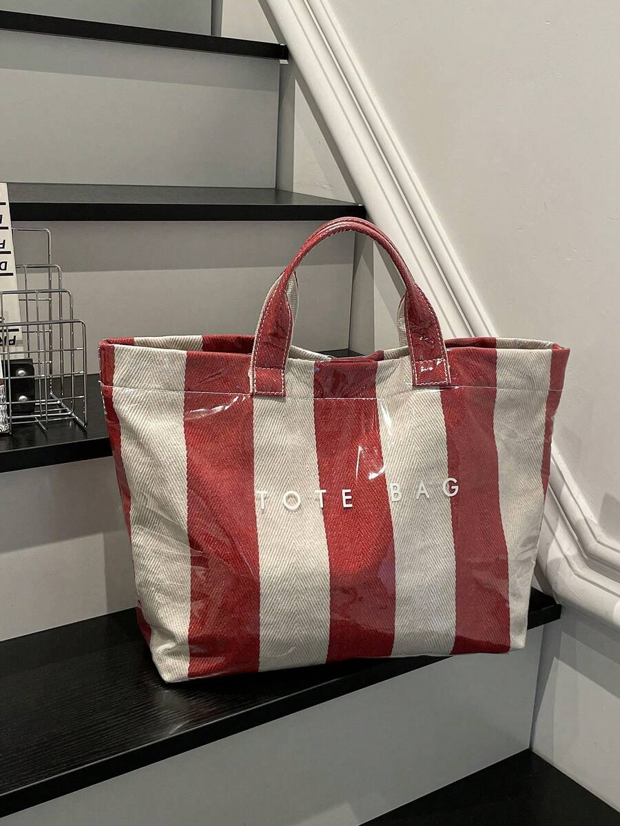 Tas Tote Transparan PVC Kapasitas Besar Bergaris Warna-warni, Tas Besar Modis untuk Liburan Pantai Wanita - Merah - View 1