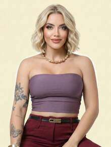 Women's Strapless Cropped Top With Padded Cups - Comfortable - 淺灰紫 - 查看 3