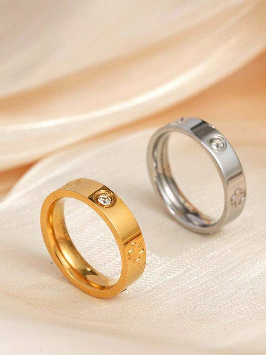 1pc Fashion Elegant Clover Stainless Steel 18K Gold Plated Cubic Zirconia Pave Ring, Non-Fading, Suitable For Women's Daily Wear And Gift