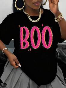White T-Shirt With Pink And Black Glitter Text "Boo", Halloween Costume Party Clothes, Fashion Casual Top For Women, Glitter Graphic T-Shirt - 黑色 - 查看 1