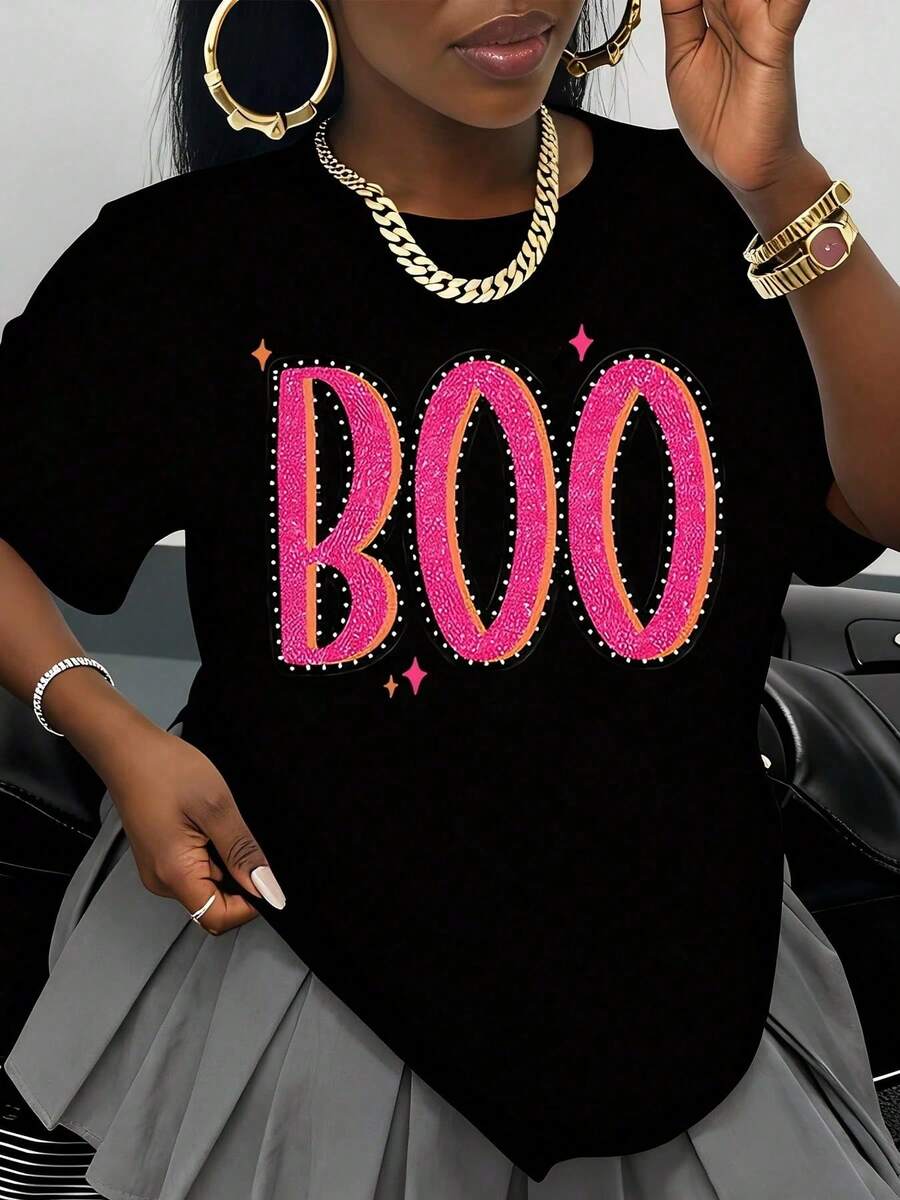 White T-Shirt With Pink And Black Glitter Text "Boo", Halloween Costume Party Clothes, Fashion Casual Top For Women, Glitter Graphic T-Shirt - 黑色 - 查看 1