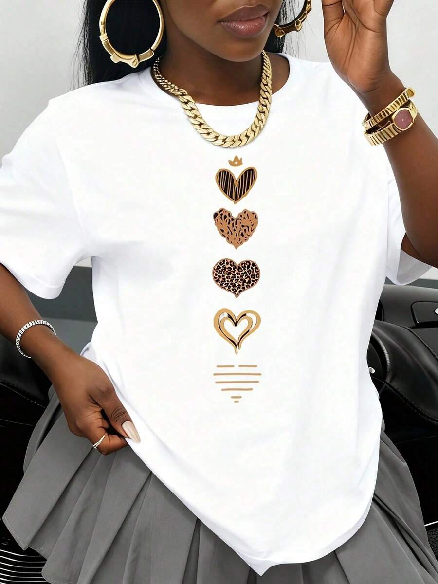Women's White T-Shirt With Gold Hearts And Animal Print Design, Fashionable Casual Top, Streetwear Style, Gift For Valentine's Day, Birthday Or Anniversary - 白色 - 查看 1