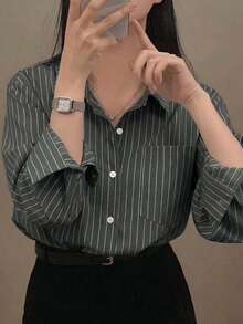 女款修身配色條紋休閒襯衫，新款休閒優雅落肩燕尾版上衣 - 灰色 - 查看 3