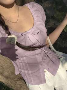 女款甜美圓領蝴蝶結收腰泡泡短袖上衣 夏季 - 淡紫色 - 查看 3