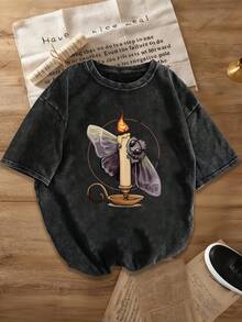 Talla, diseño de patrón de polilla a la luz de las velas, serie oscura misteriosa, estilo vintage desgastado, estampado de elemento de insecto de dibujos animados, camiseta transfront - Negro - Ver 4