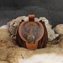 Viking Style Vintage PU Leather Belt Set, Celtic Embossed Belt + Tree Of Life Embossed Suede Waist Bag, Vintage Drawstring Waist Bag/Dice Bag/Coin Purse, Fantasy Cosplay Costume Accessory, Role Play Prop - A - View 5