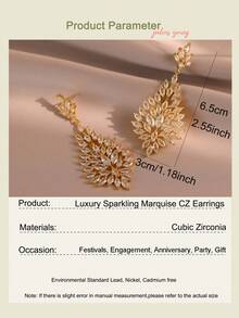 1 Pair Luxury Shiny Marquise Cubic Zirconia Pendant Earrings, Gold Leaf Shape Dangle Earrings, Elegant Bridal Wedding Party Women's - Yellow Gold - View 4