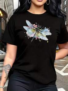 Camiseta de Mujer Talla Grande con Estampado de Libélula y Letras, Divertida, de Manga Corta, 100% Algodón, Cuello Redondo, Estilo Casual, 220g - Negro - Ver 1