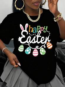 Camiseta de Pascua con diseño de orejas de conejo y huevos coloridos para mujer, para celebración del Festival de Primavera, ropa casual, camiseta blanca. - Negro - Ver 1