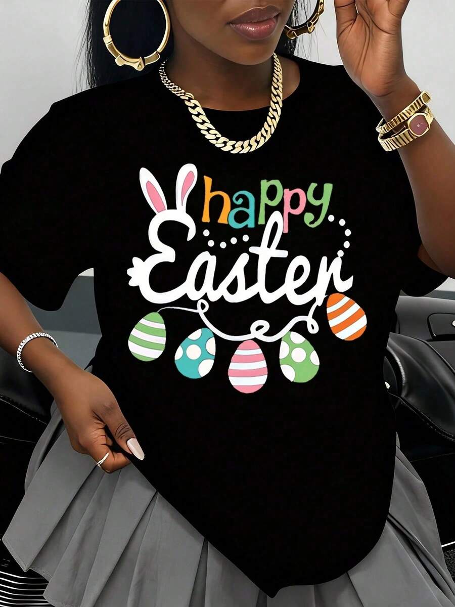 Camiseta de Pascua con diseño de orejas de conejo y huevos coloridos para mujer, para celebración del Festival de Primavera, ropa casual, camiseta blanca. - Negro - Ver 1