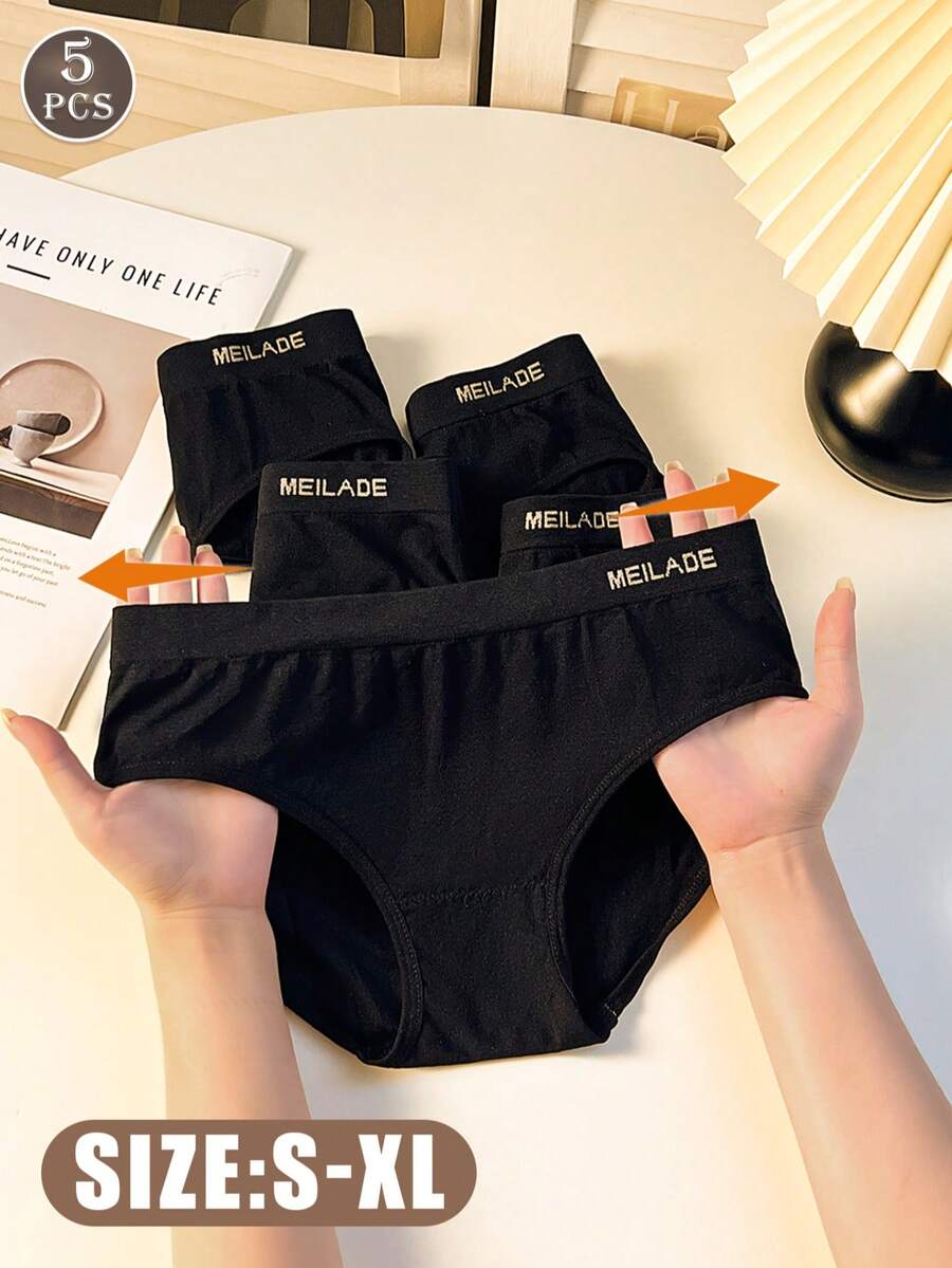 5件組無縫中腰美拉德色女用內褲,高彈舒適透氣女用內衣 - 黑色 - 查看 1