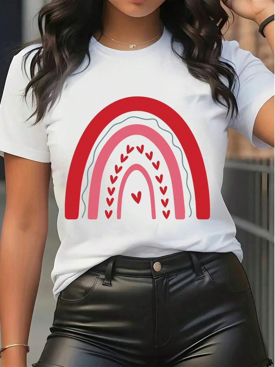 Women's Pure Cotton Short Sleeve T-Shirt Rainbow Heart Print Casual Daily Summer Basic Top - White - View 1