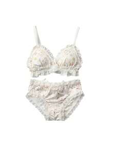Fresh Style Students Lace Print Small Bust Cotton Lining Straps Bra Set. - With Pretty White Trim + M. - View 2