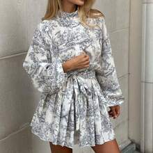 Vestido corto estampado nueva primavera para mujer, estilo elegante y moderno, con cintura ajustada y lazos - Gris - Ver 11