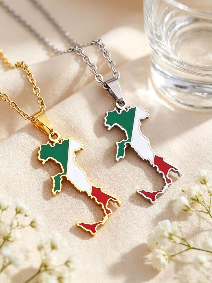 1pc Fashionable Italy Map Geometric Pendant Stainless Steel Necklace, Unisex - Map Necklace - View 1
