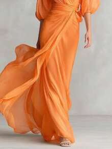 Long Dress With Deep V-Neck, Lantern Sleeves, Fitted, Ladylike Style, Autumn Party - 橘色 - 查看 3
