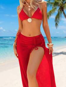 Conjunto de 2 piezas Bikini de triángulo con tirantes finos rojo sólido ondulado y falda de malla fruncida con cordón, moda de verano para vacaciones en la playa - Rojo - Ver 1