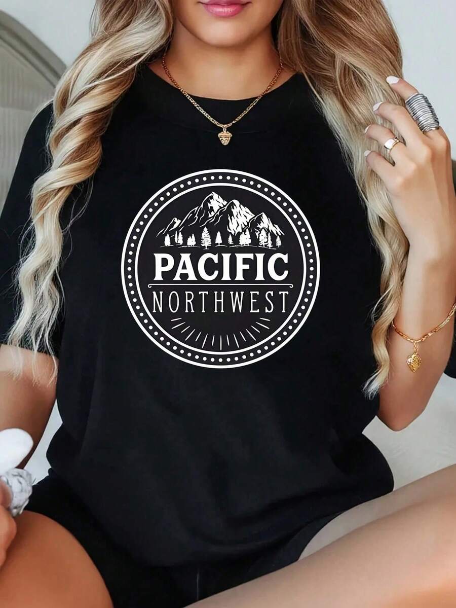 1 Camiseta de Talla Grande para Mujer, Estilo Oversize, con Estampado Gráfico, Manga Corta, 220g, 100% Poliéster, Cuello Redondo, Casual - Negro - Ver 1
