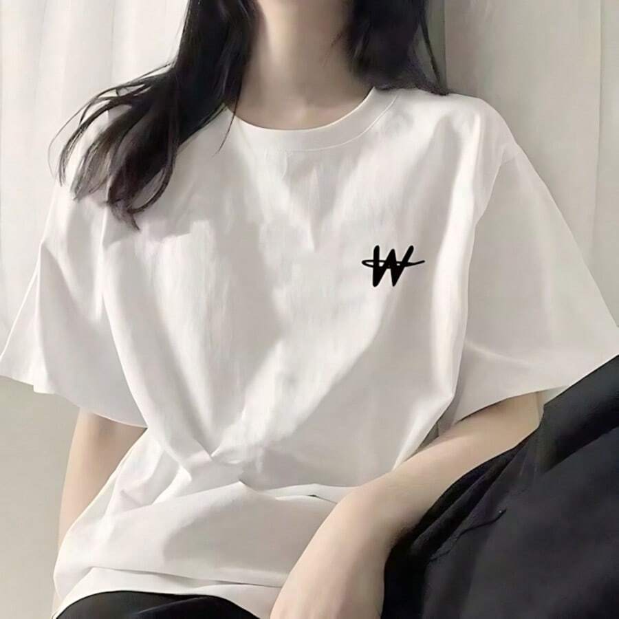 Camiseta de manga corta de algodón puro con cuello redondo para mujer, con diseño estampado por sublimación, estilo delicado y femenino, look dulce de mamá. - Blanco - Ver 1