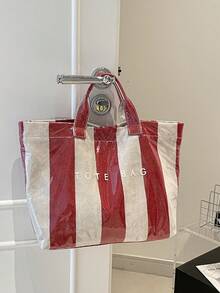 Tas Tote Transparan PVC Kapasitas Besar Bergaris Warna-warni, Tas Besar Modis untuk Liburan Pantai Wanita - Merah - View 11