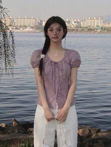 女款甜美圓領蝴蝶結收腰泡泡短袖上衣 夏季 - 淡紫色 - 查看 4