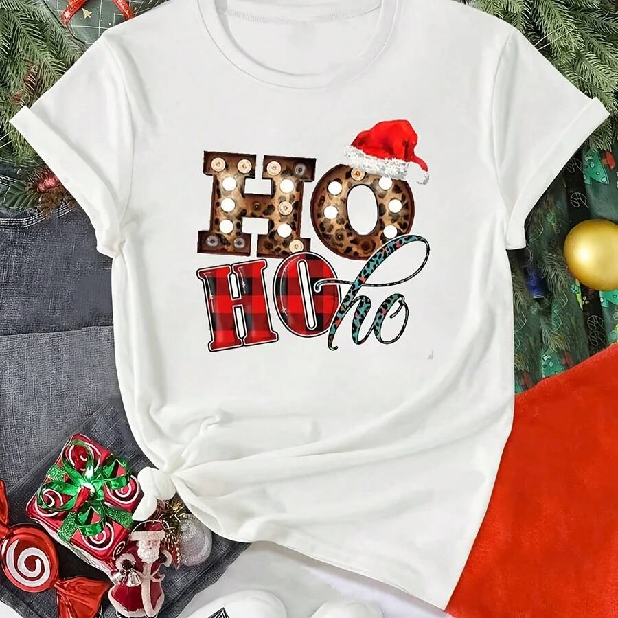 Women's Santa Claus Print T-Shirt, Cartoon T-Shirt, Harajuku Fashion New Year's T-Shirt, Clothing - 彩色 - 查看 1