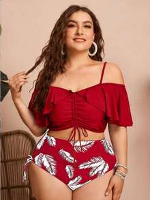 Swim Chiccia Women's Solid Color Spaghetti Strap Off-Shoulder 2-Piece Bikini Set With Ruffles And Drawstring - Elegant And Stylish For Vacation - Red and White - View 1