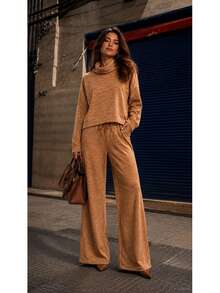 Women's Set In Elegant And Comfortable Ribbed Knit Fabric, Winter Fashion, Chic Blogger Style - 駝色 - 查看 8