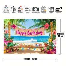 1pc 2D Flat Banner Tropical Hawaiian Beach Birthday Party Backdrop - Featuring Vibrant Palm Trees, Colorful Flowers, Ocean View And "Happy Birthday" Banner. Perfect For Summer Celebrations, Photo Props And Party Decorations, Can Be Used As Party Backdrop, Tropical Theme Party Decor And Birthday Party Decor. - Multicolor - View 6