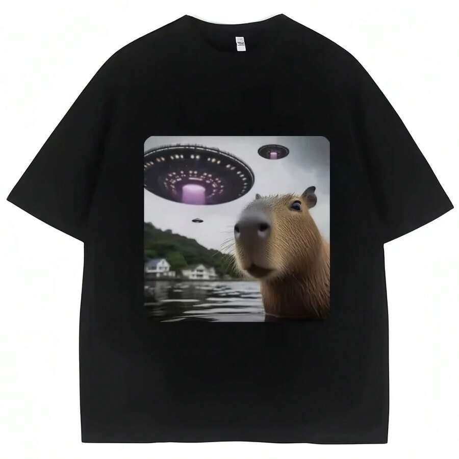 Camiseta gráfica divertida Alien Selfie OVNI Capybara amantes de los animales hombres mujeres camiseta acogedora algodón suelta Casual camisetas ropa de calle - Multicolor - Ver 1