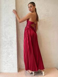 New European-American Spring-Summer 2026 Midi-Party Dress, Pleated, V-Neck, Straps, Wide Skirt - 紅色 - 查看 10