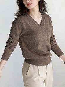 Women's V-Neck Long Sleeve Knit Sweater, Ribbed Knit Detail, High Elasticity Regular Fit, Suitable For Autumn/Winter Wear - Coffee Brown - View 3