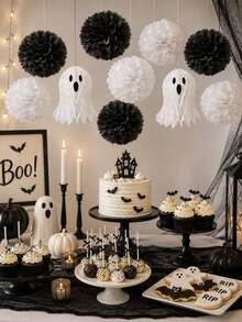 12/10/5pcs Ghost Honeycomb Paper Ball + Paper Flower Ball Combination Set, Cute White Decoration, Suitable For Birthday Party And Theme Party, Halloween Party Decoration, Black And White Tone Decorative Hanging, Living Room Staircase Entrance Decoration, Outdoor Garden Hanging Decoration, Yard Arrangement Birthday, Halloween Gothic Style - Decorative Pendant - View 4