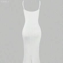 yonghongmaoyi1 Vestido de punto blanco vintage casual y elegante de Yuwenier, con cuello cuadrado, diseño acanalado, patrón calado, tirantes finos, lazo delantero y - Azul - Ver 7