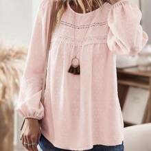 Blusa de manga larga de cuello redondo con textura de tela minimalista, casual y elegante para mujer, camiseta de vacaciones de otoño y primavera - Verde - Ver 6