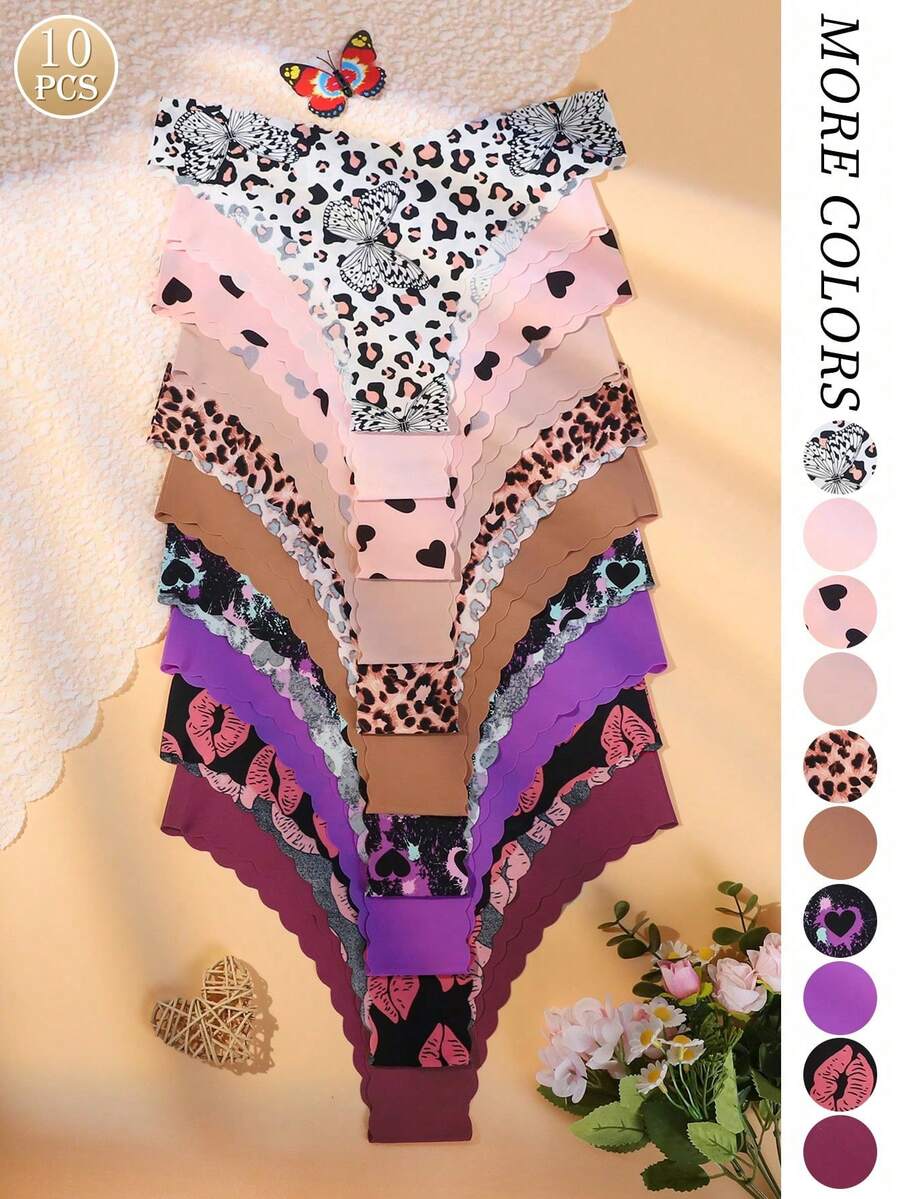 10 Pieces/Pack - Seamless Panties With Scalloped Edge For Women, Comfortable And Sexy Skin-Friendly Fabric, Seamless Bikini Panties For Ladies - 香檳色 - 查看 1